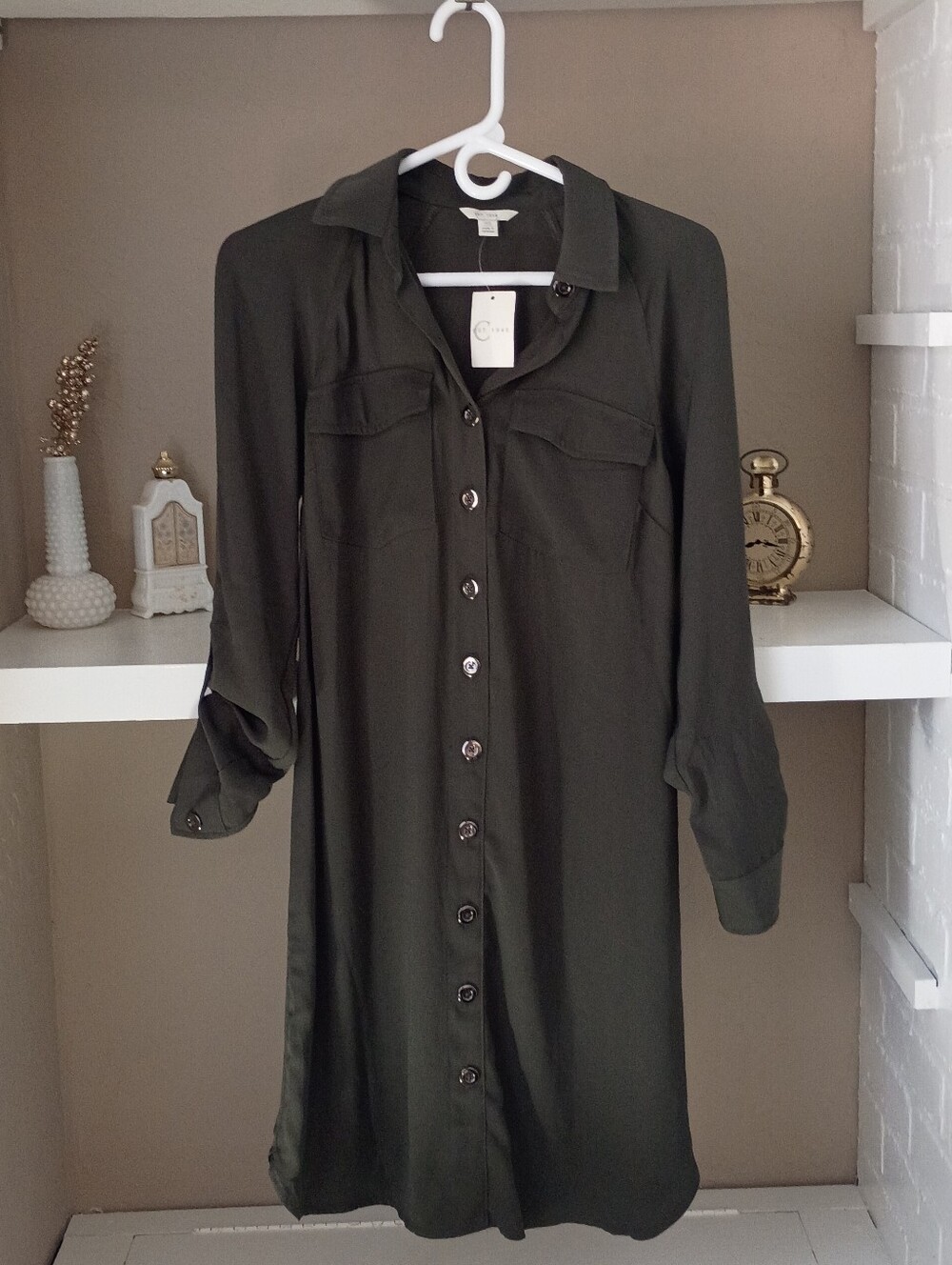 Classic Olive Green Button-Front Shirt Dress Nwt Quiet Luxury Relaxed Fit